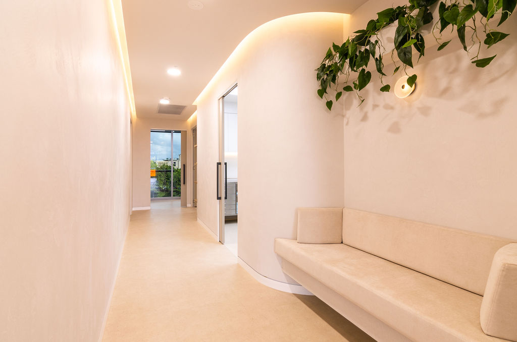 cream, green, light wood colors interior
